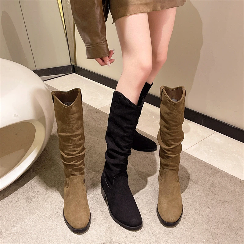 【Jerry】复古风高筒长靴骑士靴圆头堆堆靴中跟西部牛仔瘦瘦靴8810