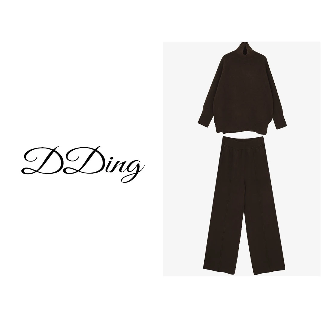 【DDing】“暖冬”繁花绒慵懒百搭时尚高领毛衣加厚阔腿裤长袖套装女