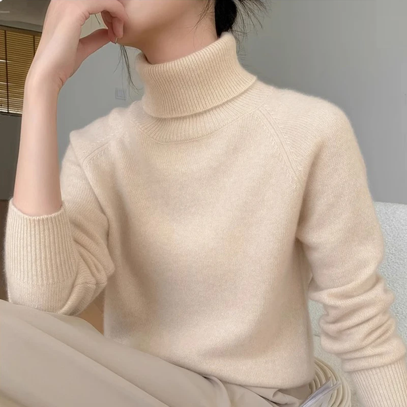 鄂尔多斯市高领纯色羊绒衫女宽松加厚保暖百搭堆堆领羊毛打底衫