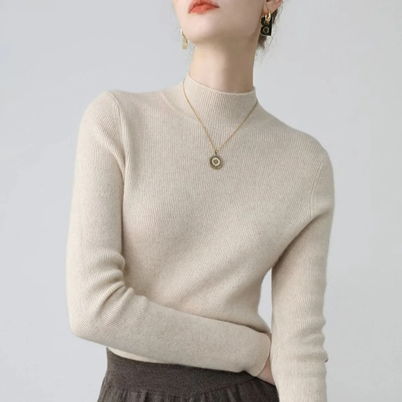 鄂尔多斯市半高领羊绒衫女士修身纯色毛衣针织百搭羊毛内搭打底衫