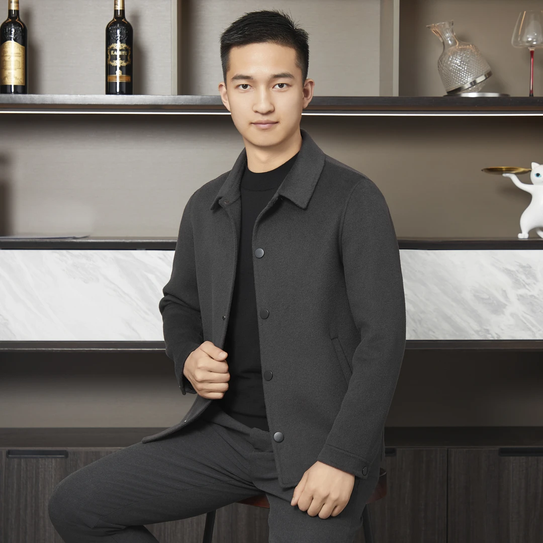 【短款-气质风衣】双层100羊毛双面呢翻领简约男款短风衣607