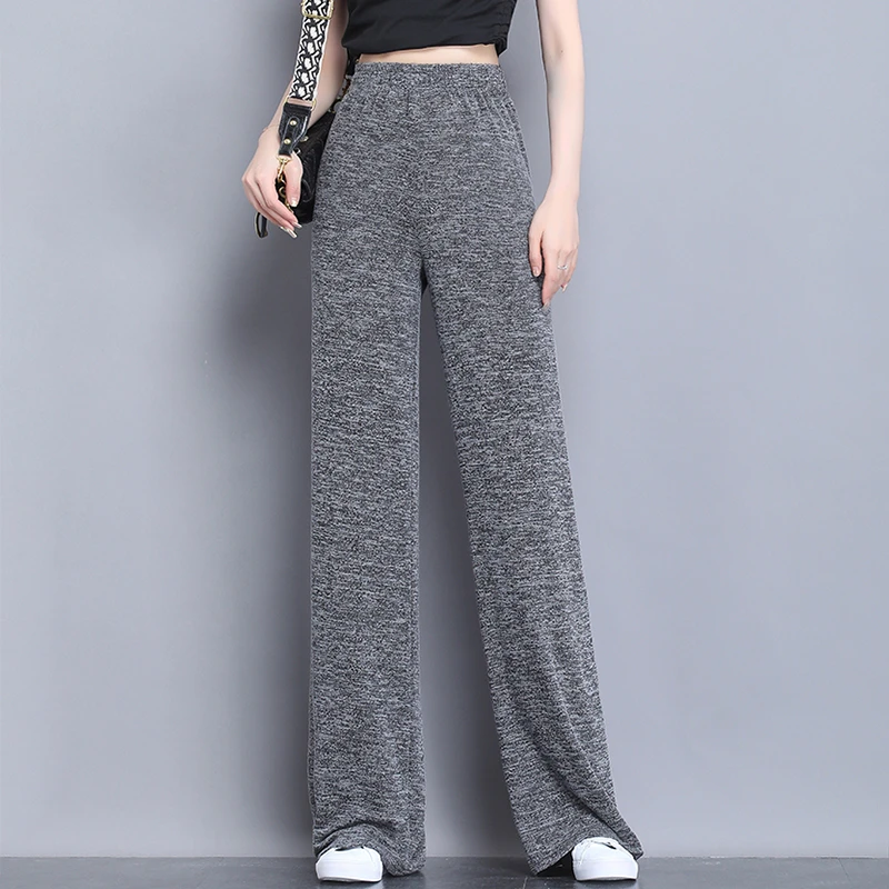 大码针织阔腿裤女夏季薄款高腰垂感休闲长裤显瘦宽松直筒拖地裤子