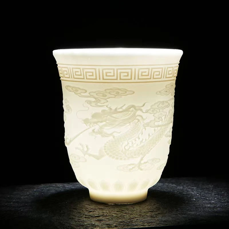 【1元亏本福利】龙凤杯浮雕羊脂白瓷主人杯瓷大号茶盏茶杯陶瓷