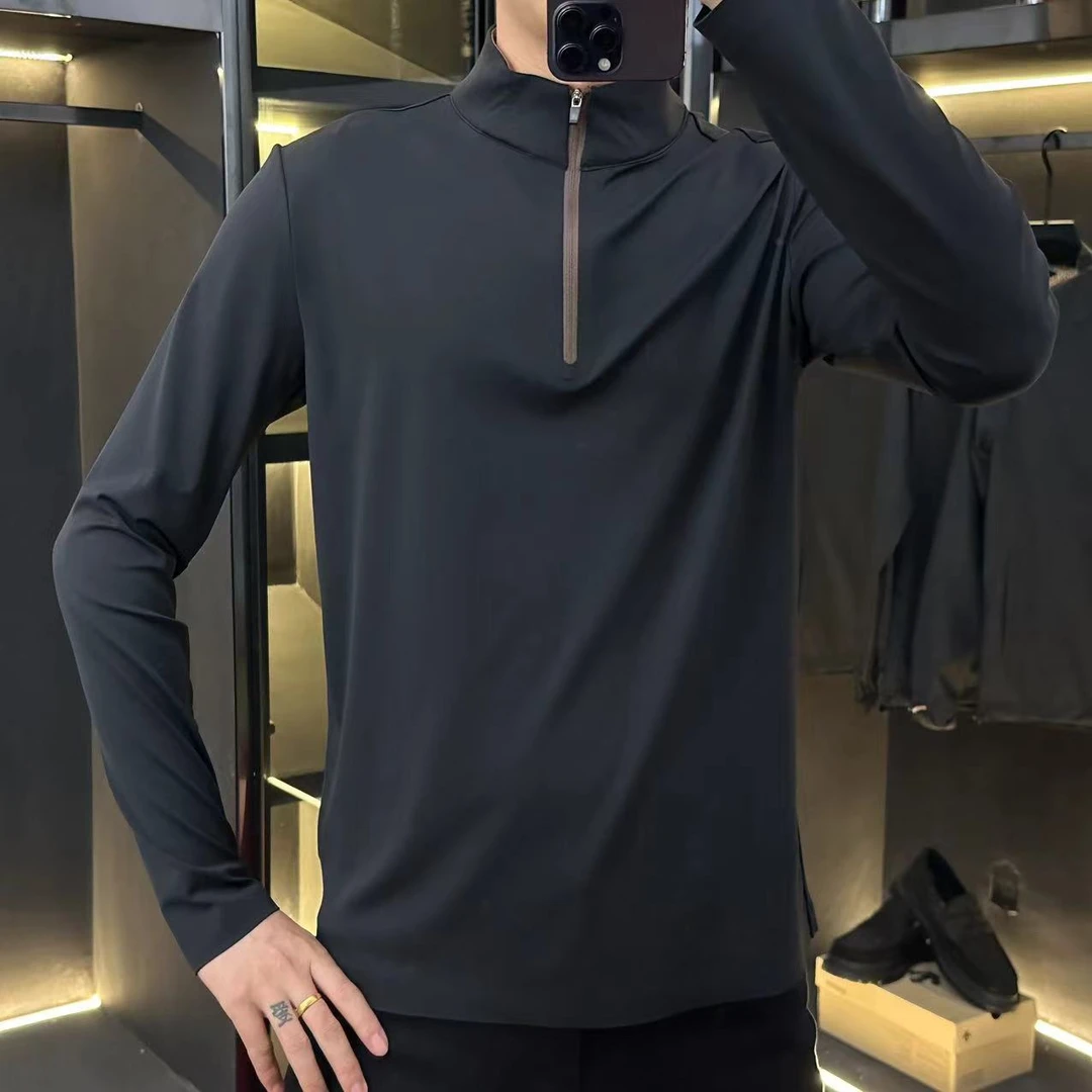 2024秋季新款百搭商务男士纯色修身卫衣时尚净版打底立领拉链长袖