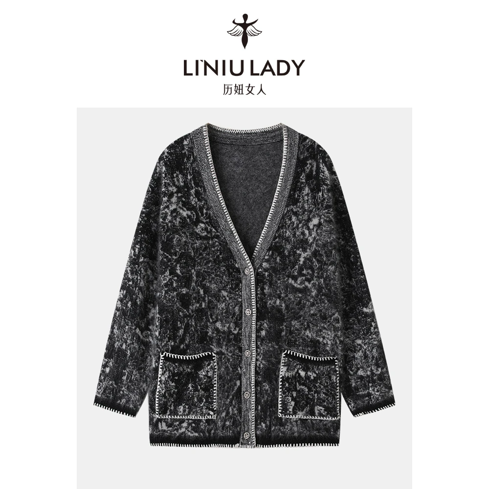 LI`NIULADY/历妞女人【富家千金】休小香风拉绒山羊绒V领开衫-23812