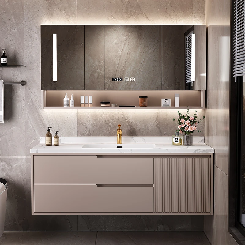 现货实木浴室柜橡木面板岩板陶瓷无缝洗脸洗手盆卫生间卫浴洗漱台