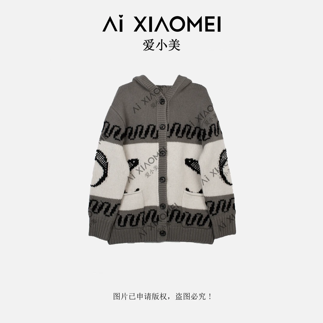 Aixiaomei/爱小美复古连帽100山羊绒提花宽松针织上衣YR08-1604