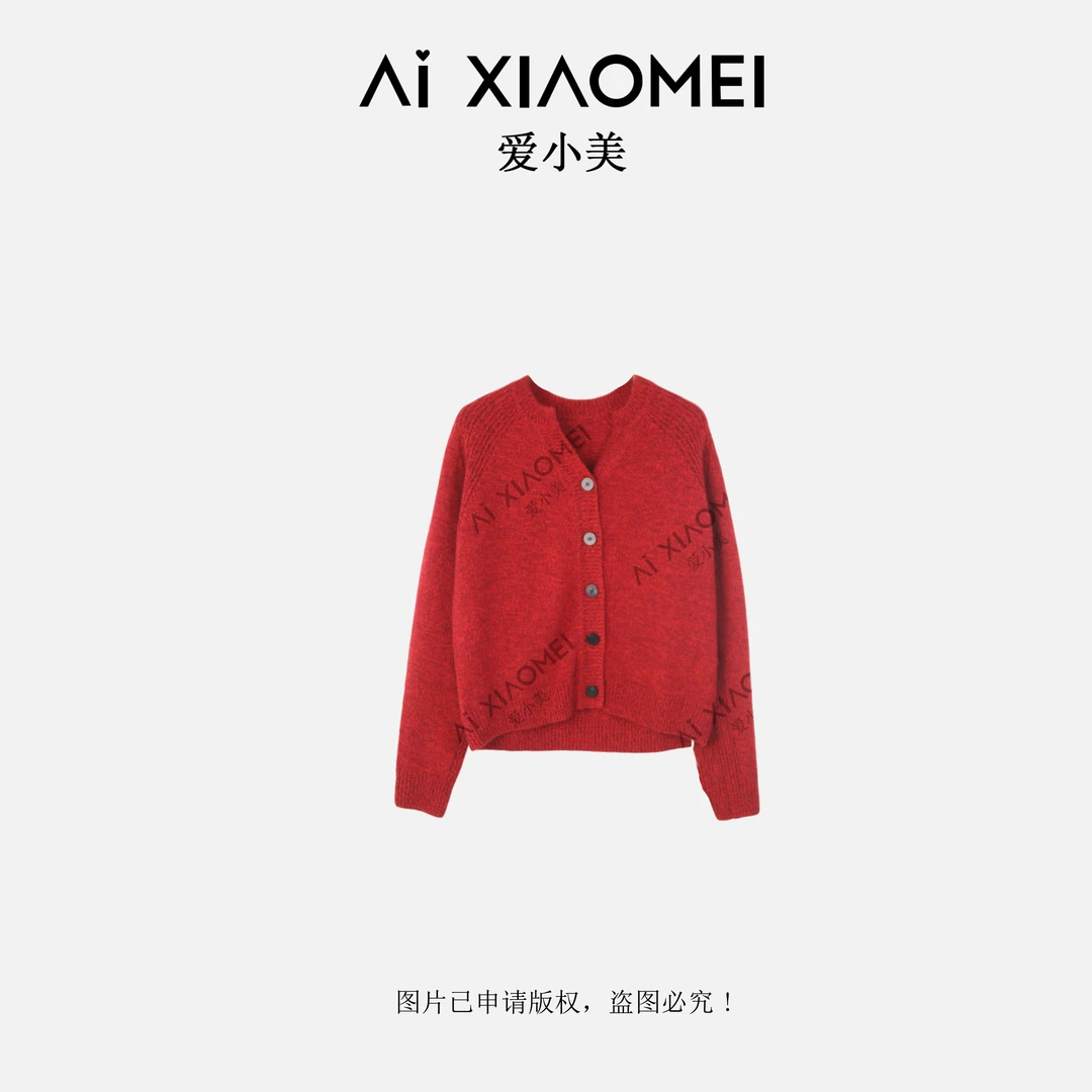 Aixiaomei/爱小美【和系列】100山羊绒花纱红色开衫YR08-1324小香风