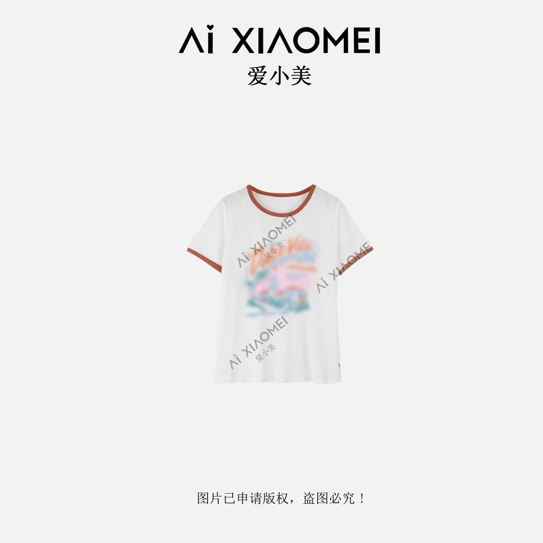 Aixiaomei/爱小美夏季圆领撞色字母印花亚麻短袖T恤SY-1872