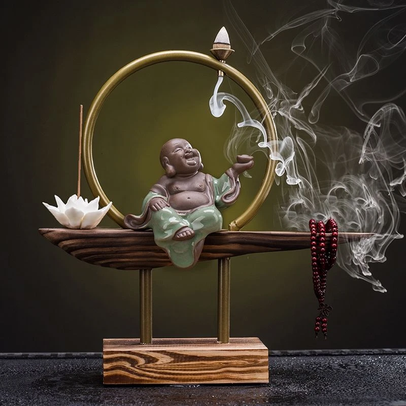 风化木头倒流香禅意摆件创意小和尚家用客厅茶道香薰炉倒流香底座