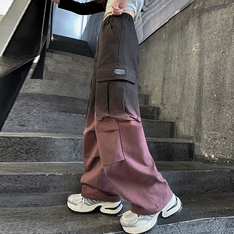 女童工装裤春秋款2024新款儿童秋装女孩渐变长裤子秋季大童休闲裤