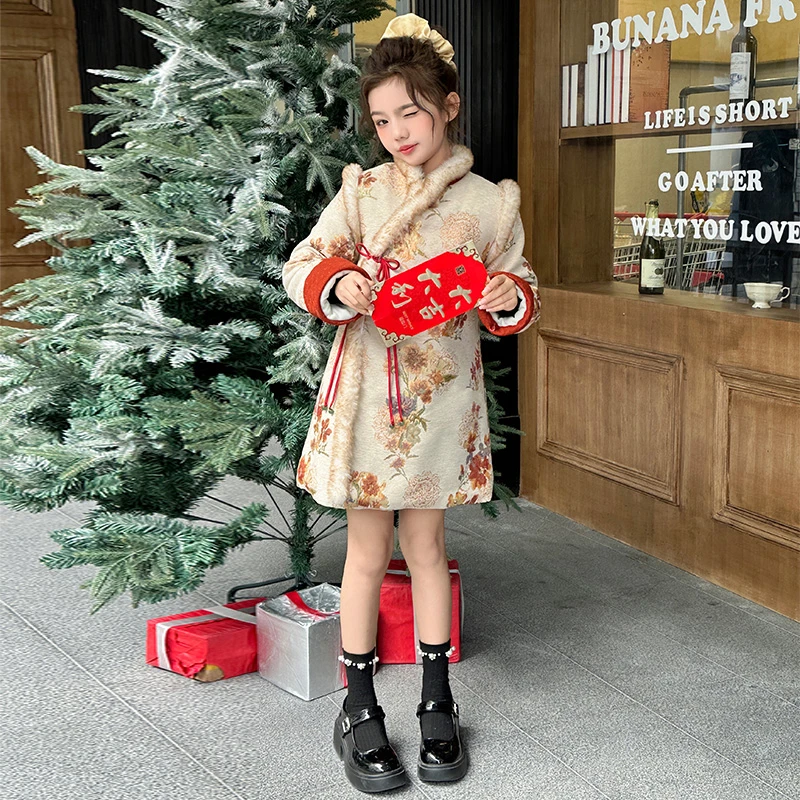 女童新中式旗袍连衣裙冬季2024新款加绒加厚中国风拜年服儿童汉服