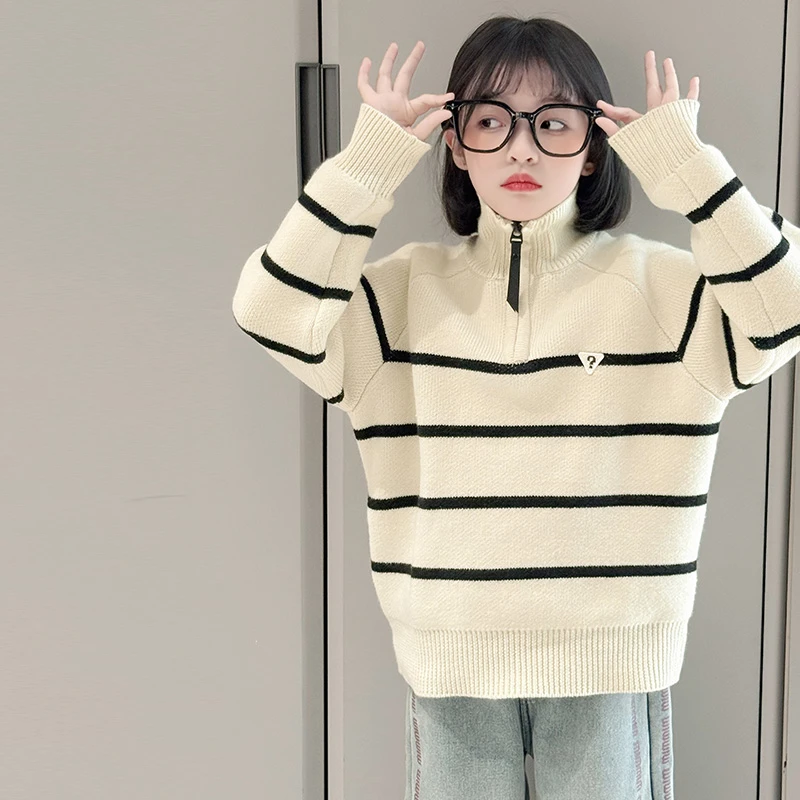 女童条纹加厚毛衣秋冬2024新款6-12岁15岁中大儿童洋气高领针织衫