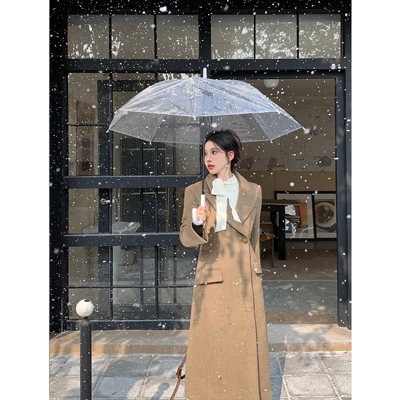 高级感收腰长款毛呢西装外套女冬新款韩版宽松小个子今年流行大衣