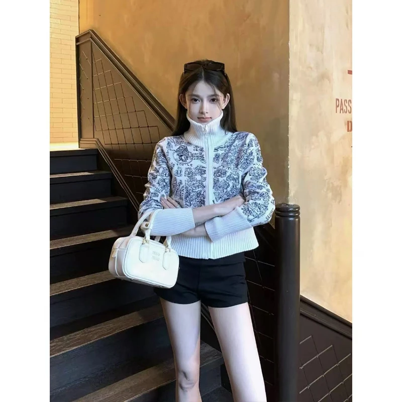 巴黎印记  高级感重工立领针织开衫外套女高腰百搭裤子时尚套装