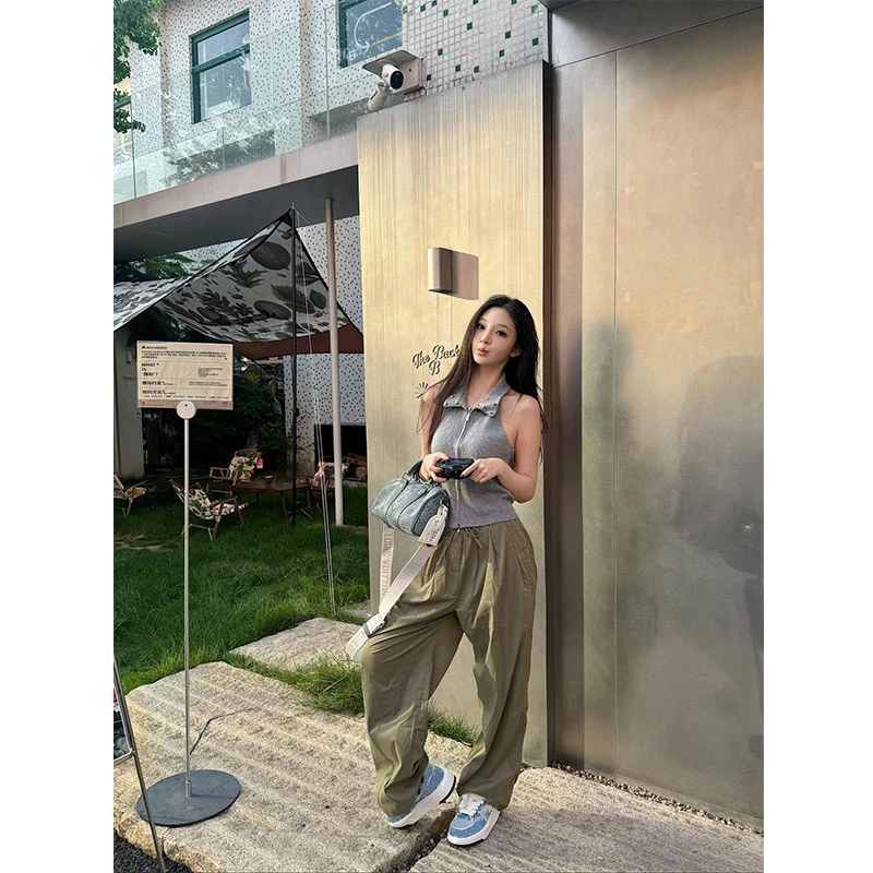 辣妹手缝彩珠重工拉链翻领无袖背心针织开衫高腰长款阔腿裤子套装