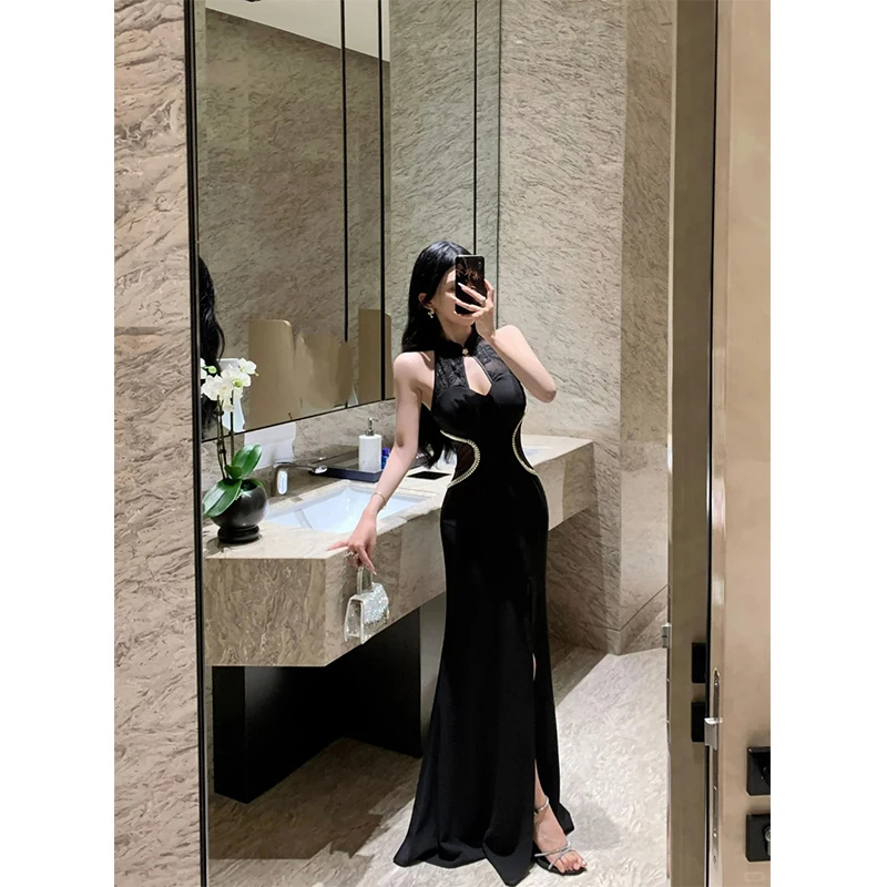 新中式无袖性感挂脖改良旗袍连衣裙气质名媛高端精致修身长裙礼服