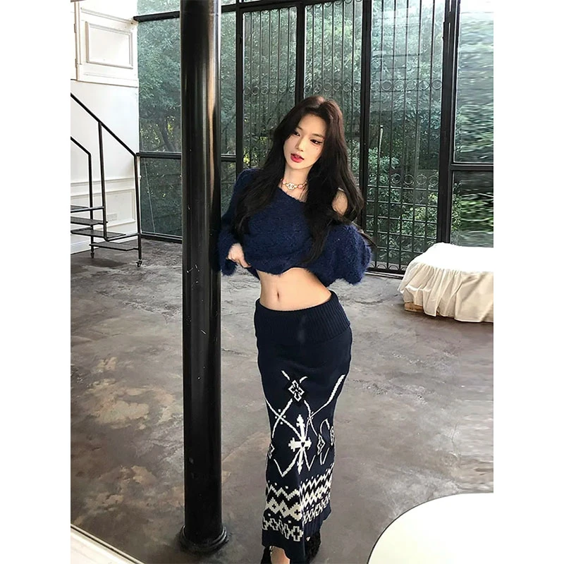 针织套装宽松休闲长袖露肩毛衣上衣女百搭高腰包臀半身裙两件套