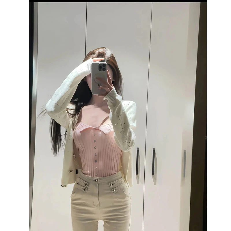 纯欲长袖开衫内搭翻领抹胸性感排扣针织上衣百搭长款裤子时尚套装