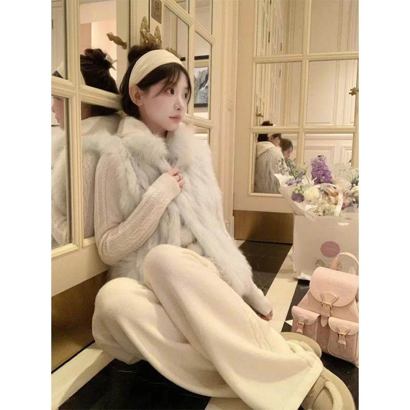 甜系少女 毛毛马甲连帽毛球针织毛衣女设计感高腰长款阔腿裤套装