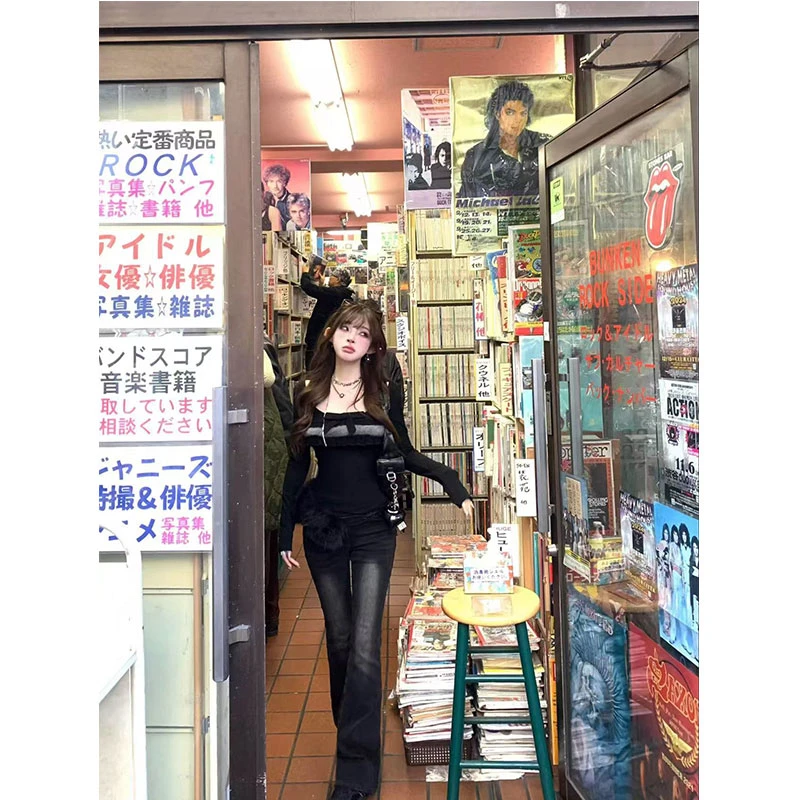 2024辣妹纯欲风毛毛拼接撞色长袖T恤上衣高腰长款修身牛仔裤套装