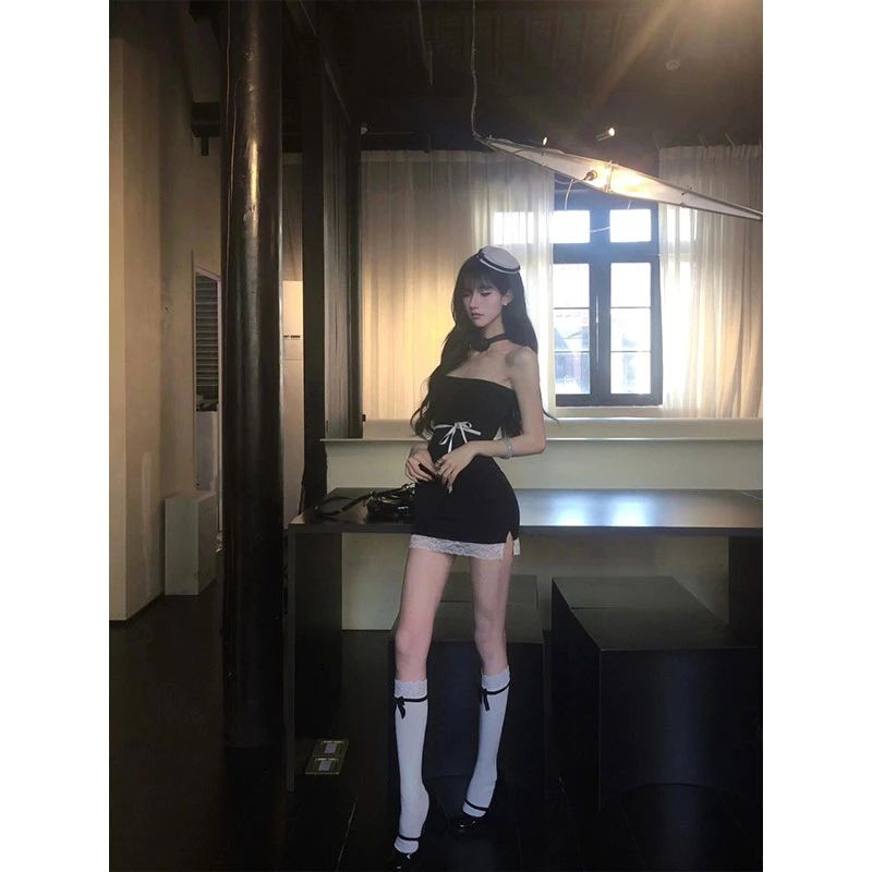 夏季新款一字肩蕾丝花边抹胸包臀裙女辣妹纯欲别致性感收腰连衣裙