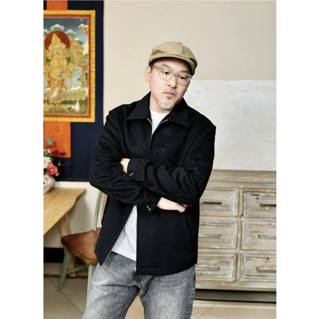 秋冬新款羊毛商务休闲保暖翻领毛呢夹克男士短款口袋三角标外套男