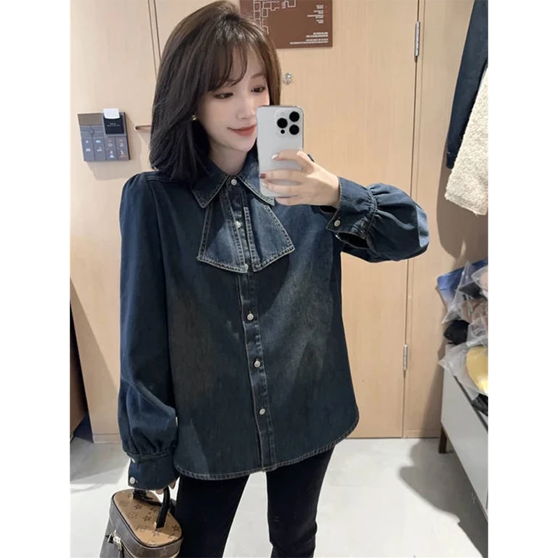 牛仔衬衫女秋冬2023新款宽松设计感叠穿爆款上衣复古加厚长袖衬衣