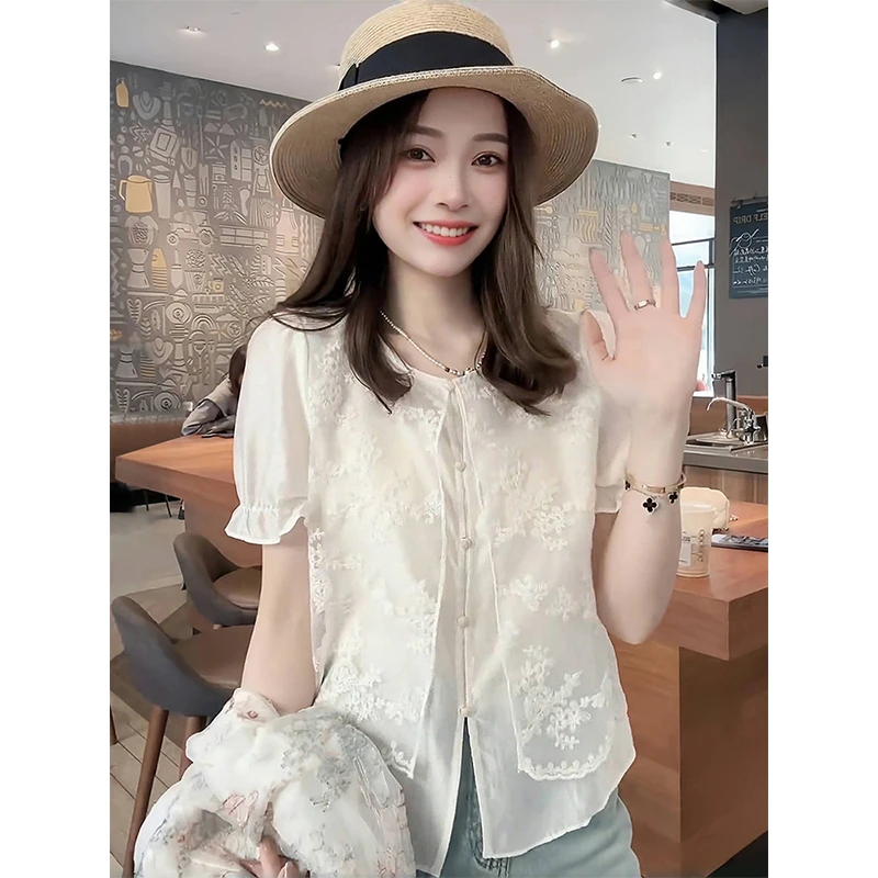 2024夏季新款新中式国风假两件衬衫女短袖洋气时尚刺绣泡泡袖上衣
