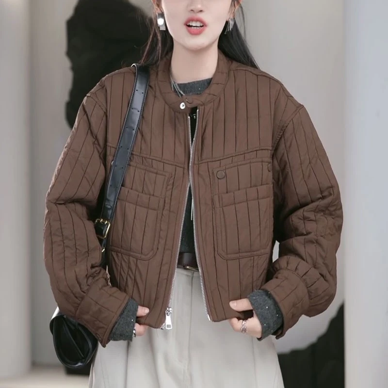 小个子竖条圆领夹棉外套女高端欧货秋冬季新款设计感小众保暖棉衣