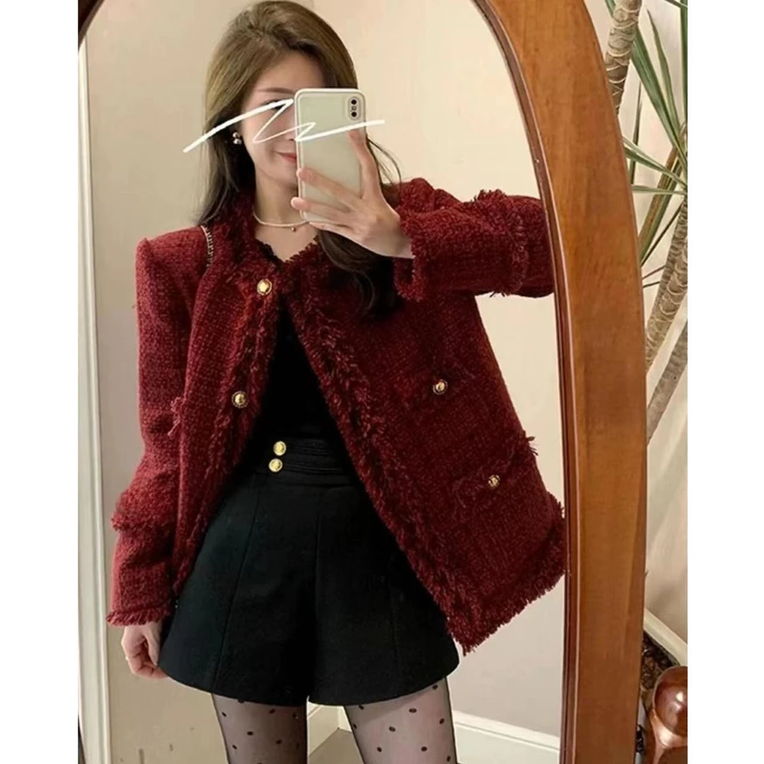 2024秋冬酒红色喜庆小香风外套保暖气质小个子短外套女装上衣