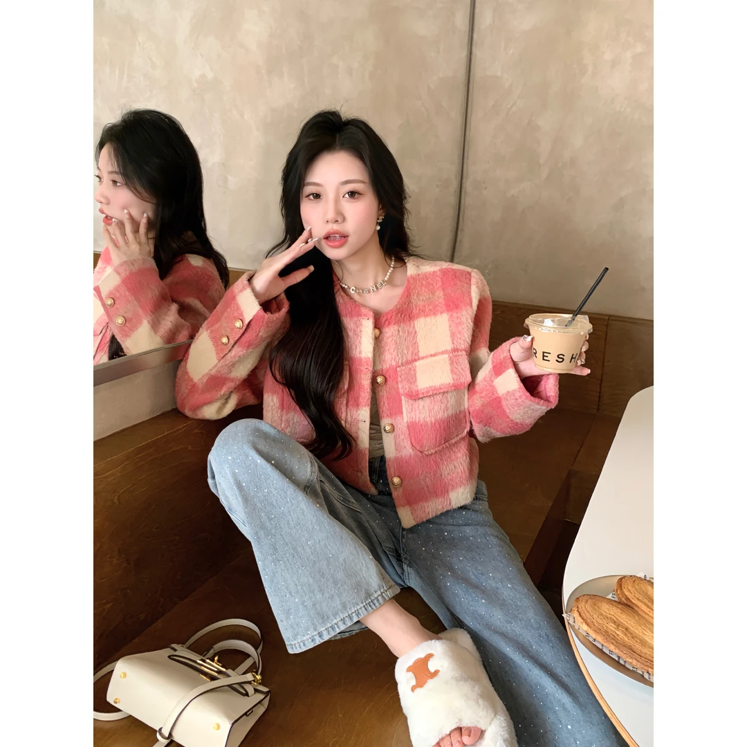 秋冬长袖格纹设计感短款早秋毛呢小香风外套格子呢子外套女2628