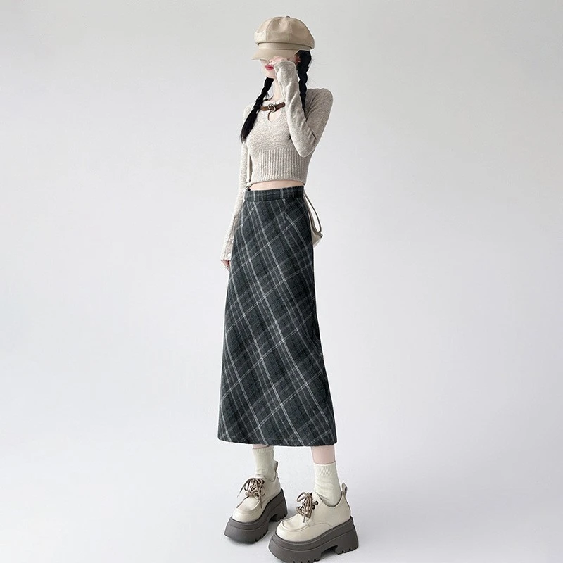 毛呢格子复古半身裙女秋冬新款高腰显瘦开叉包臀格纹中长款A字裙
