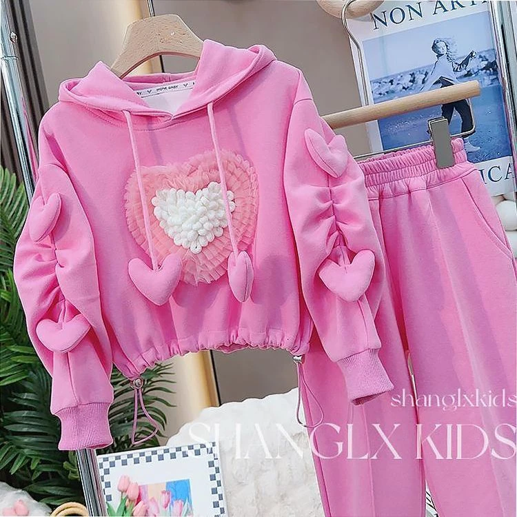 女童秋季套装2023新款多巴胺穿搭爱心卫衣裤子一整套加绒秋冬装潮