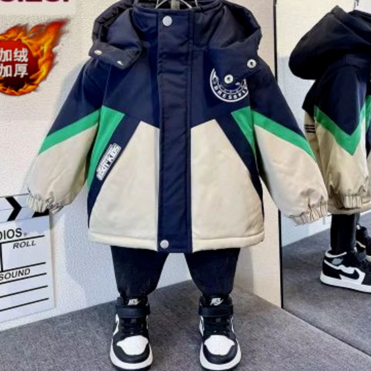 男童加绒加厚棉衣2023新款宝宝冬装派克服儿童外套中长款冲锋衣潮