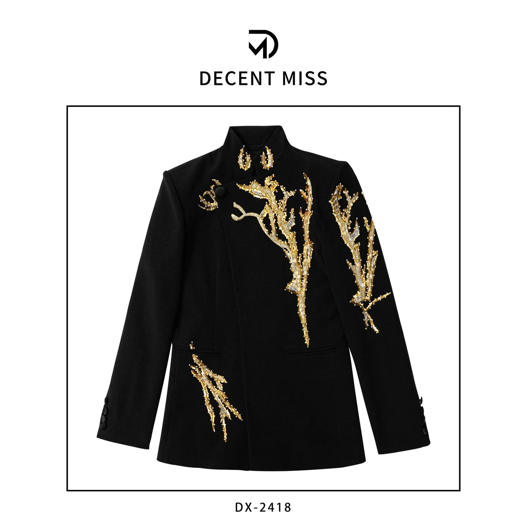 DECENT MISS 高级定制金色刺绣西服立领中山装重工外套DX-2418
