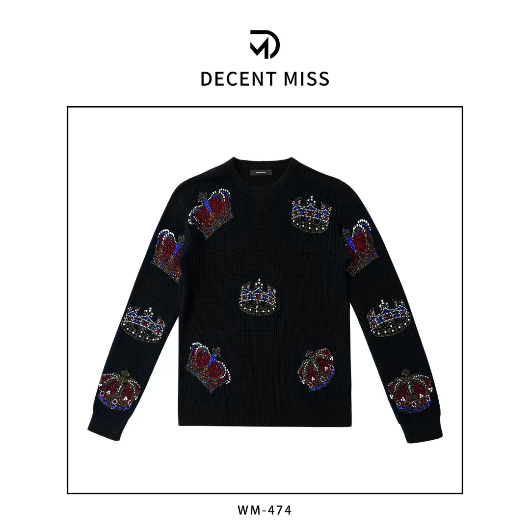 【安娜优选】Decent miss 皇冠重工高温烫钻圆领套头毛衣WM-474针织