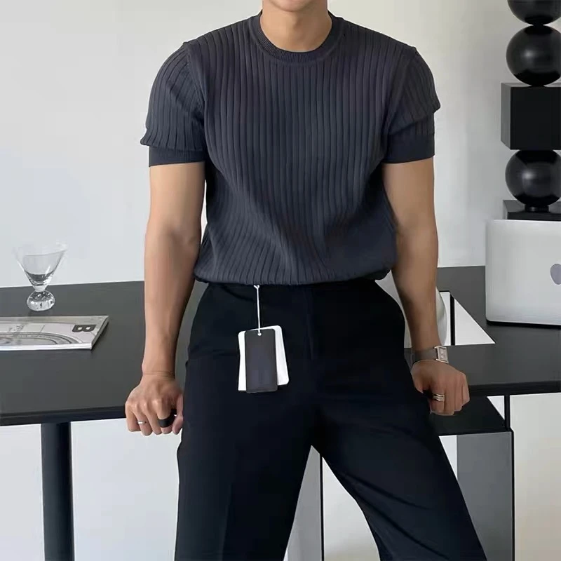 早秋针织进口纱线圆领短袖T恤男士高品质休闲百搭条纹工艺半袖