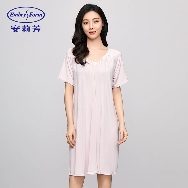 安莉芳睡裙专柜新品v领短袖短款可外穿家居服裸感睡衣女士EL00735