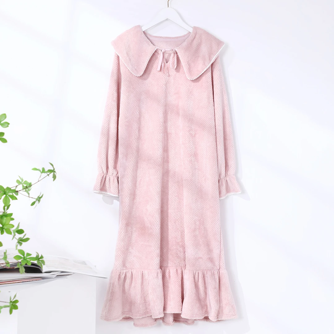 【奥莱专属】安莉芳安朵秋冬保暖绒翻领长款睡裙女士家居服HL00067