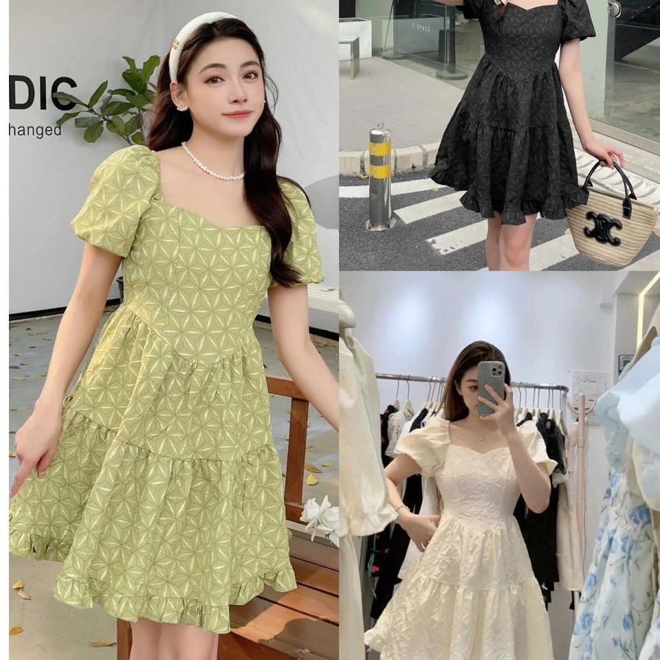 大姑推荐     夏季新款设计感方领泡泡袖收腰显瘦提花连衣裙4725