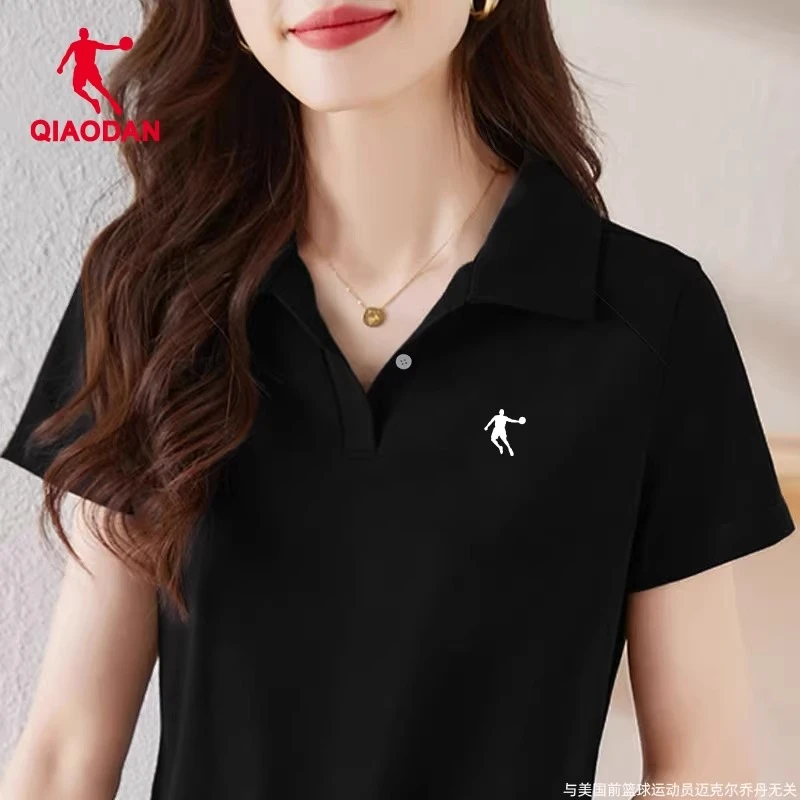 乔丹短袖t恤女黑色翻领polo衫2025新款冬季女士工作服大码运动服