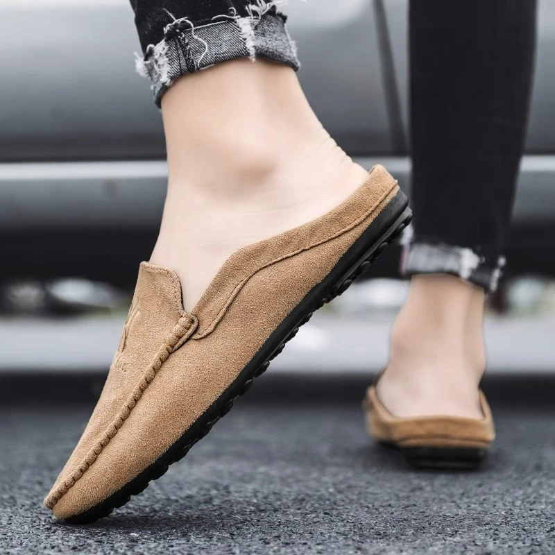 复古豆豆鞋男卡其色半托百搭韩版潮无后根男鞋子帆布懒人拖鞋男士