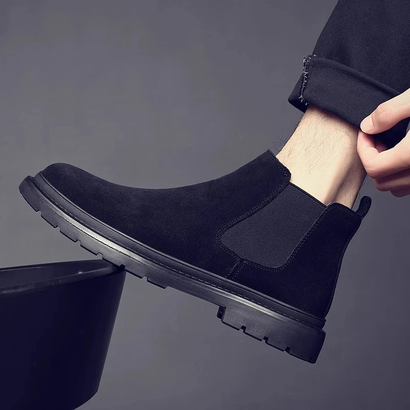 马丁靴男秋季新款高帮翻毛鞋男百搭大码中帮男靴子保暖切尔西靴男