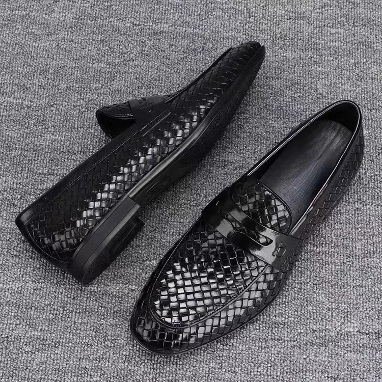 男士休闲皮鞋男款2024新款黑色商务休闲鞋男夏季编织真皮上班鞋子