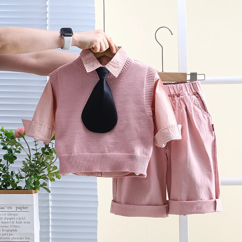 儿童春秋季毛衣马甲三件套2024新款洋气男女宝宝秋装领带衬衫套装