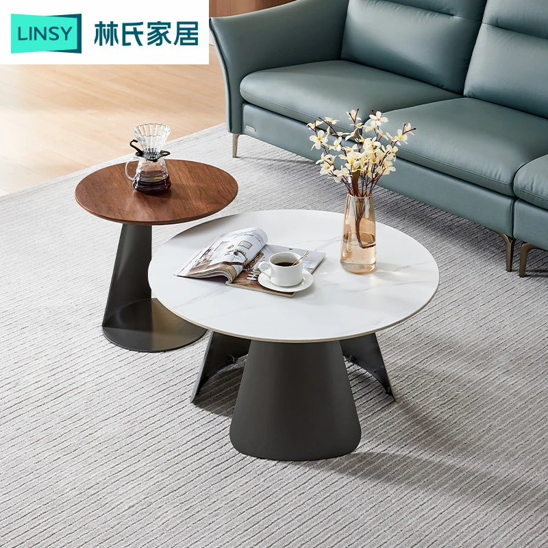 【严选】林氏家居现代轻奢岩板茶几组合圆形客厅家用茶桌LH375L1