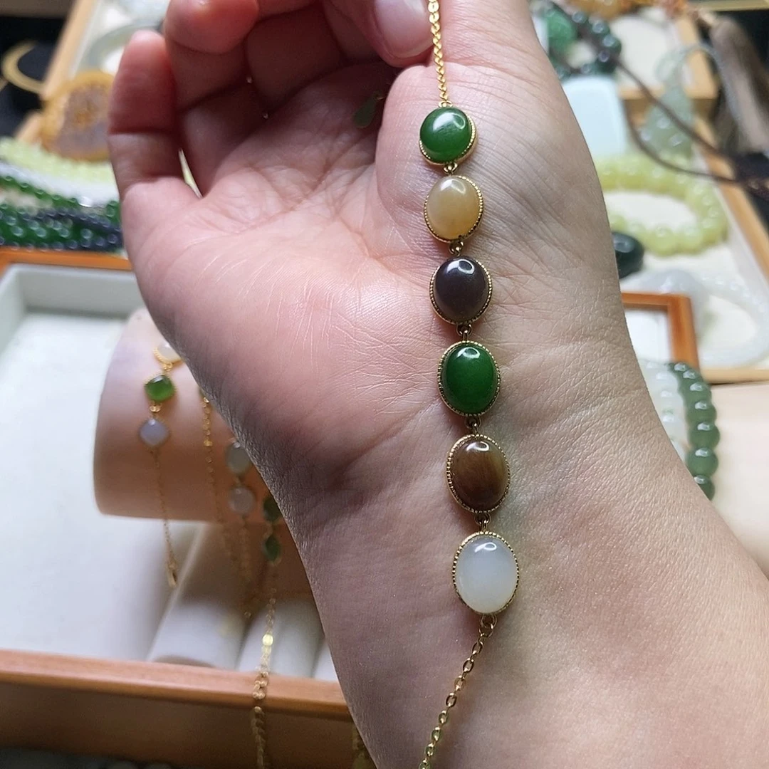 和田玉手链卡8银S925镶嵌