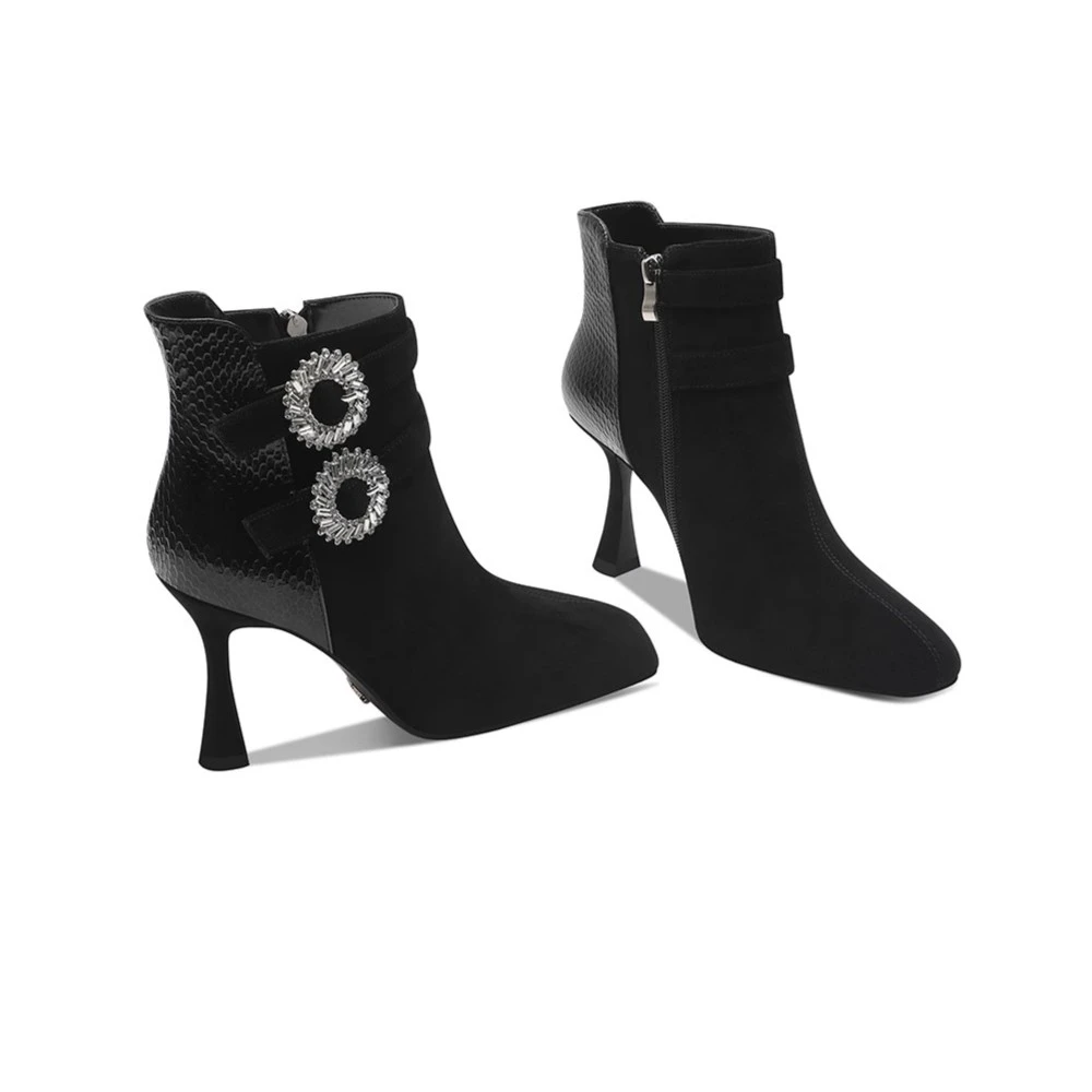 【手工女鞋】黑色方头瘦瘦靴子女2024冬季新款真皮细高跟短靴加绒