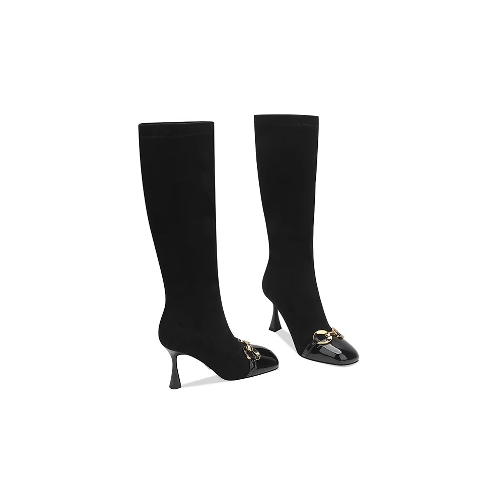 【手工女鞋】黑色弹力长筒靴冬季新款气质百搭瘦瘦细高跟靴子小码